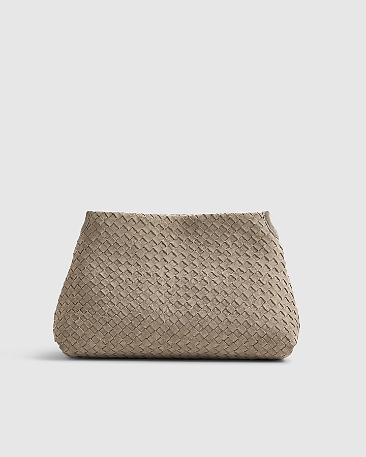 Grey Suede Squared Weave Clutch Bag