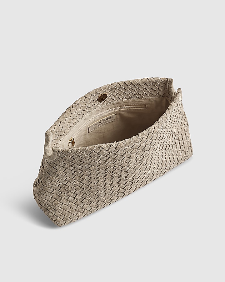 Grey Suede Squared Weave Clutch Bag