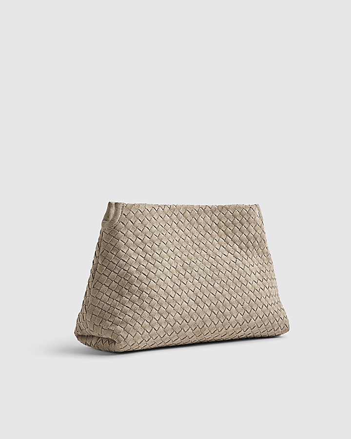 Grey Suede Squared Weave Clutch Bag