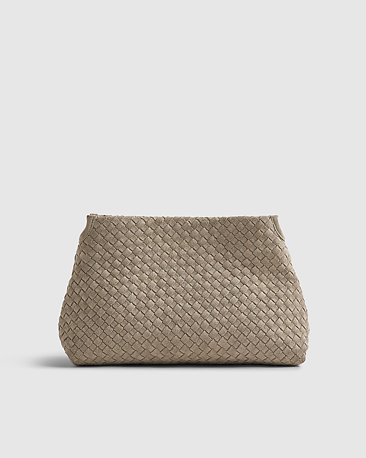 Grey Suede Squared Weave Clutch Bag
