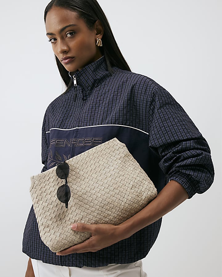 Grey Suede Squared Weave Clutch Bag