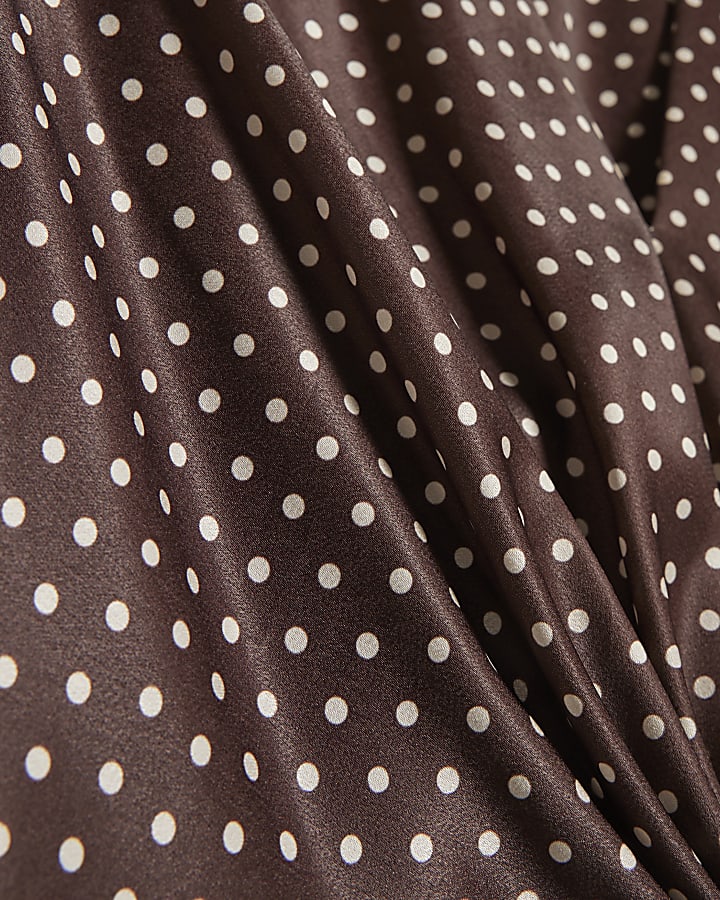 Brown Satin Spot Print Knot Front Top