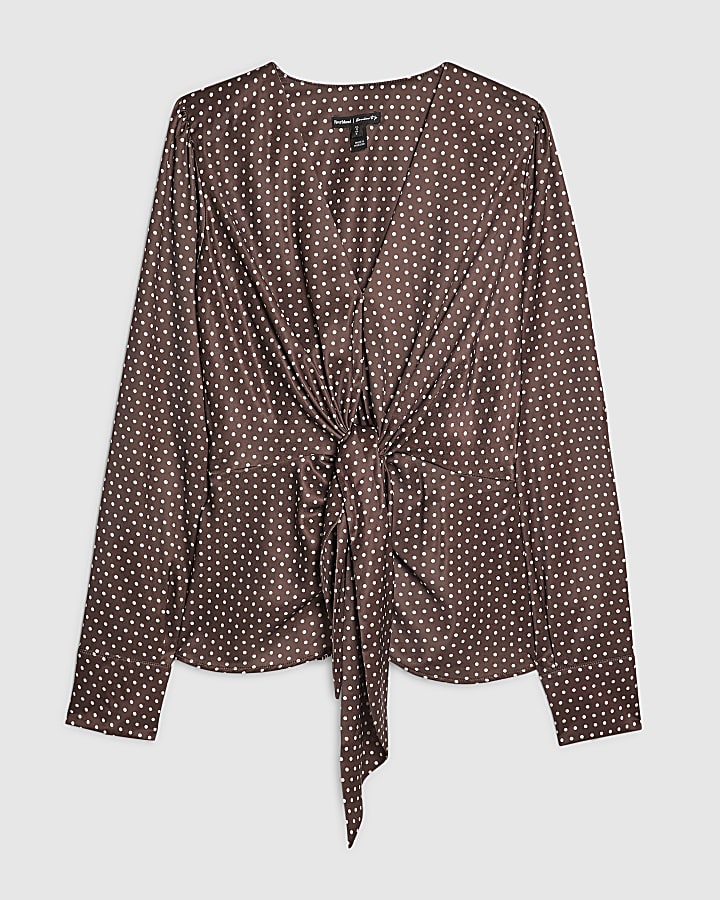 Brown Satin Spot Print Knot Front Top