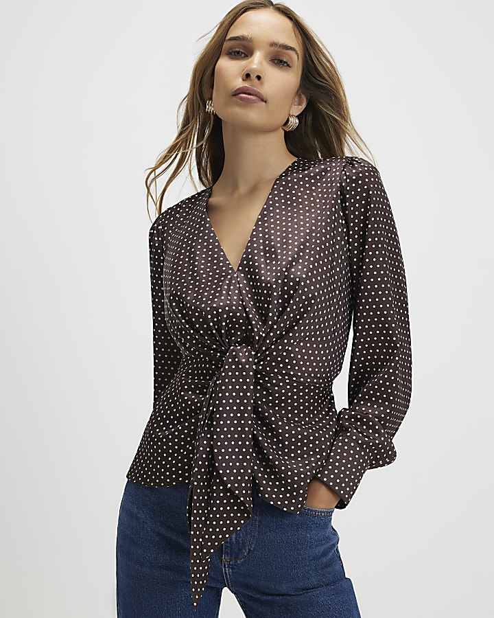 Brown Satin Spot Print Knot Front Top