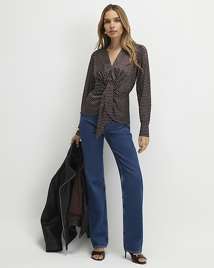 Brown Satin Spot Print Knot Front Top