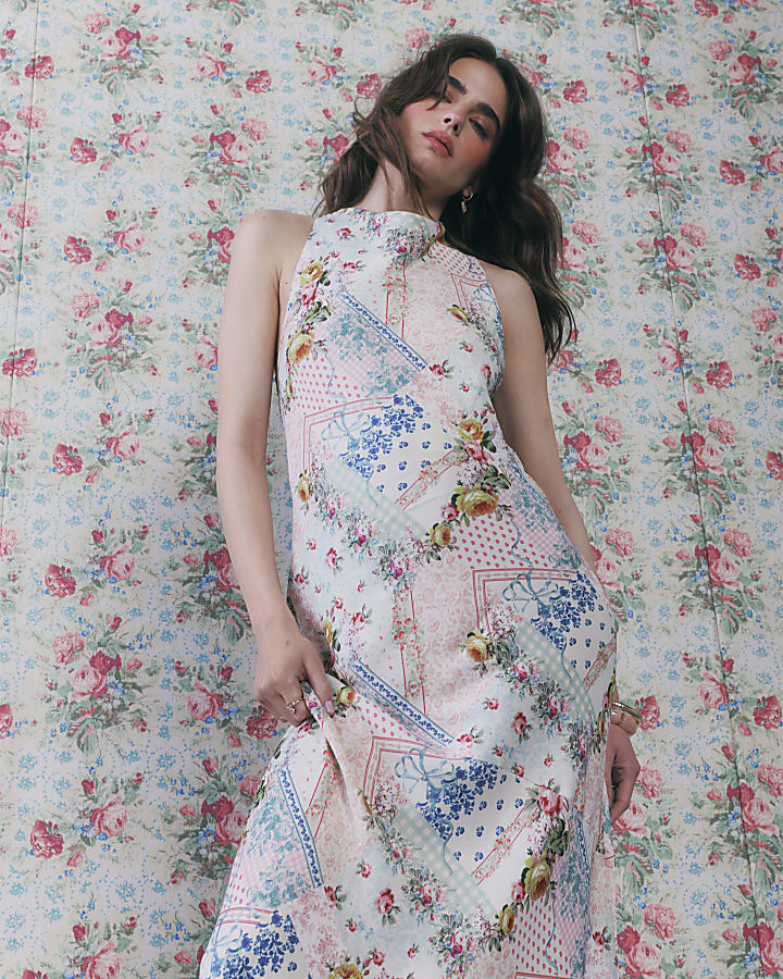 Cream Halter Neck Slip Floral Dress