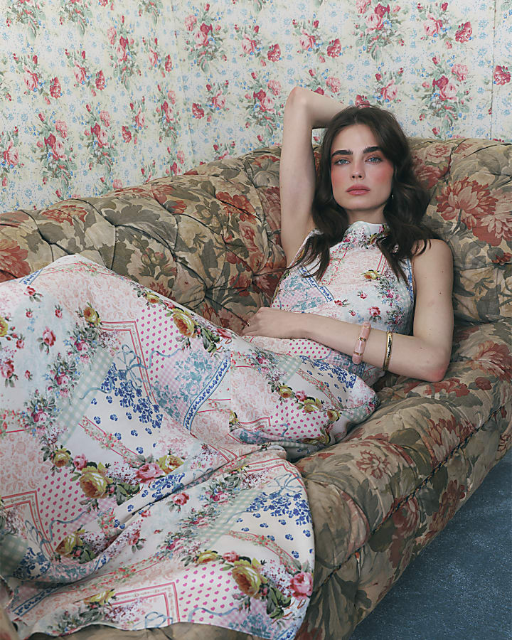 Cream Halter Neck Slip Floral Dress