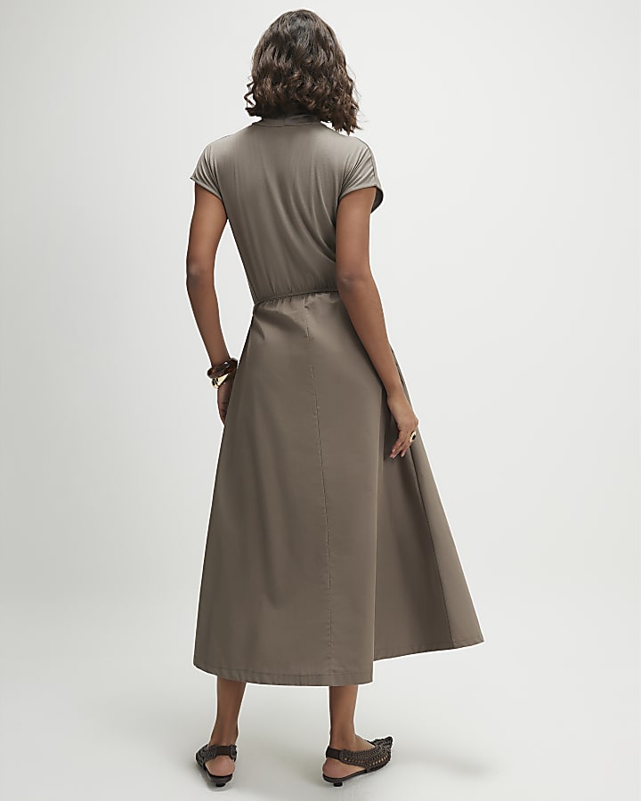 Khaki Short Sleeve Tie Waist Midi Dress