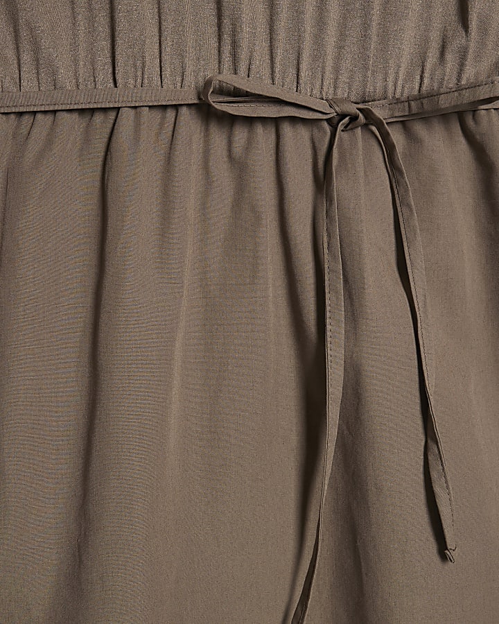 Khaki Short Sleeve Tie Waist Midi Dress