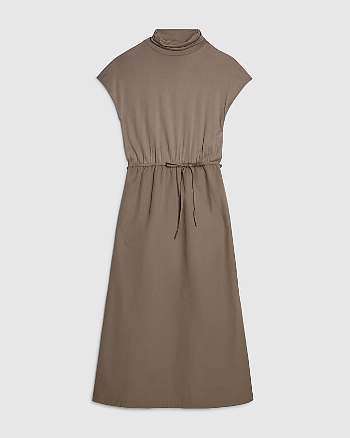 Khaki Short Sleeve Tie Waist Midi Dress