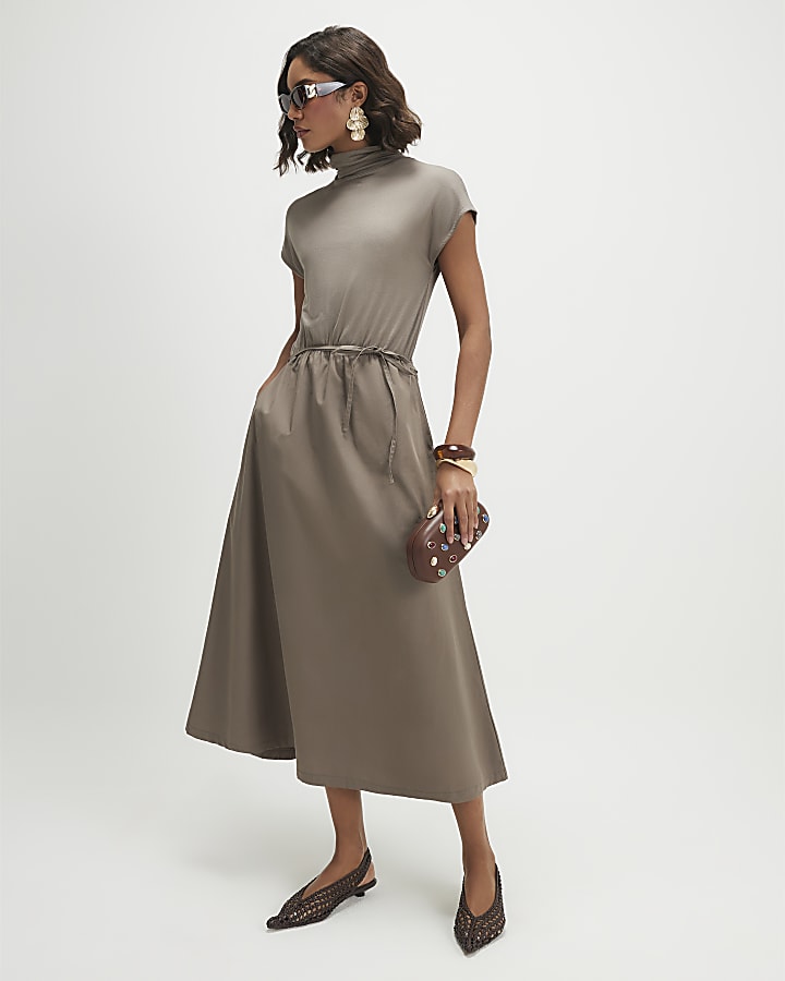Khaki Short Sleeve Tie Waist Midi Dress