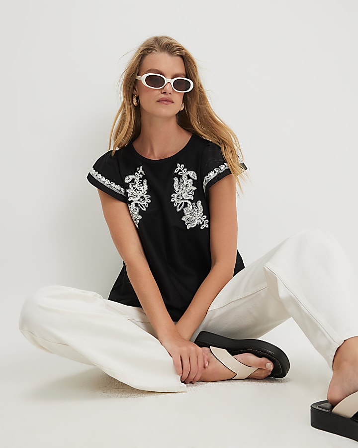 Black Applique Poplin Blouse