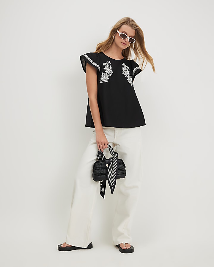 Black Applique Poplin Blouse