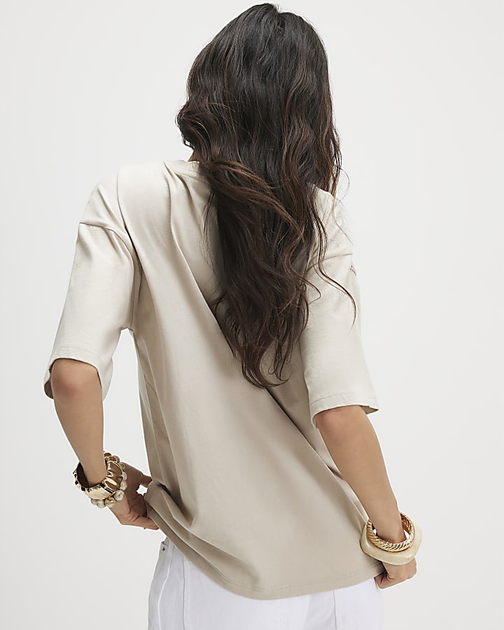 Beige Cotton Blend Palm Broderie T-shirt