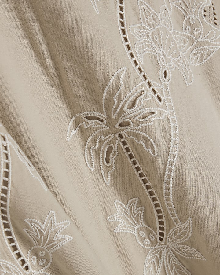 Beige Cotton Blend Palm Broderie T-shirt