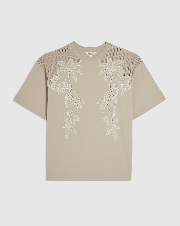 Beige Cotton Blend Palm Broderie T-shirt