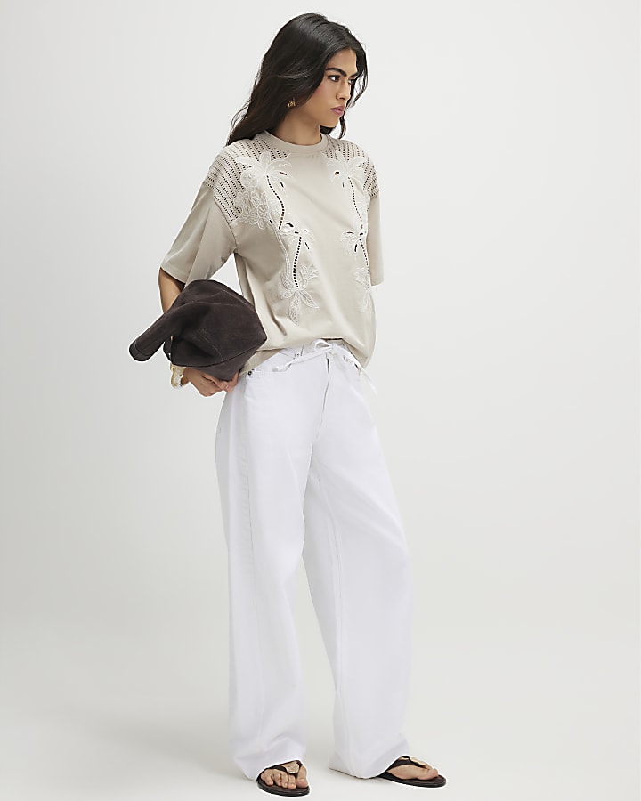 Beige Cotton Blend Palm Broderie T-shirt