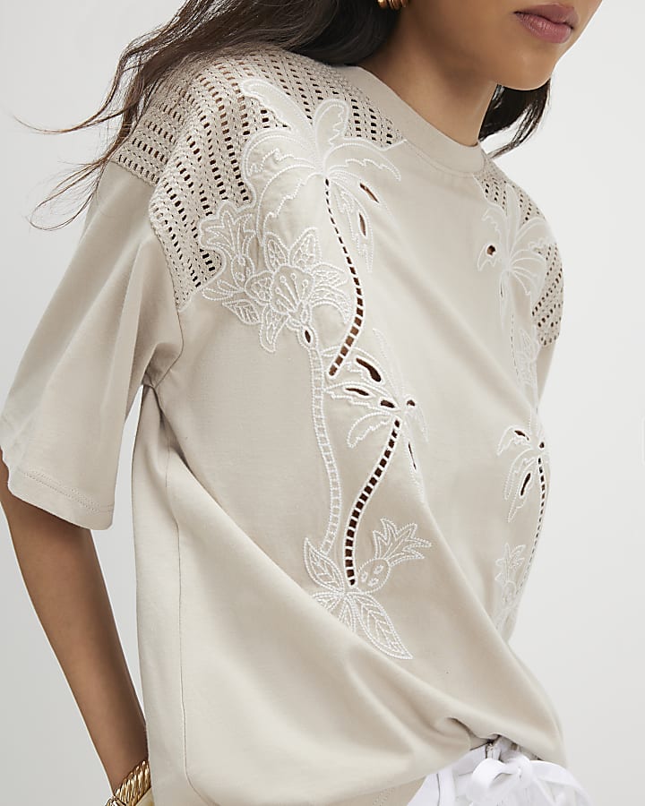 Beige Cotton Blend Palm Broderie T-shirt
