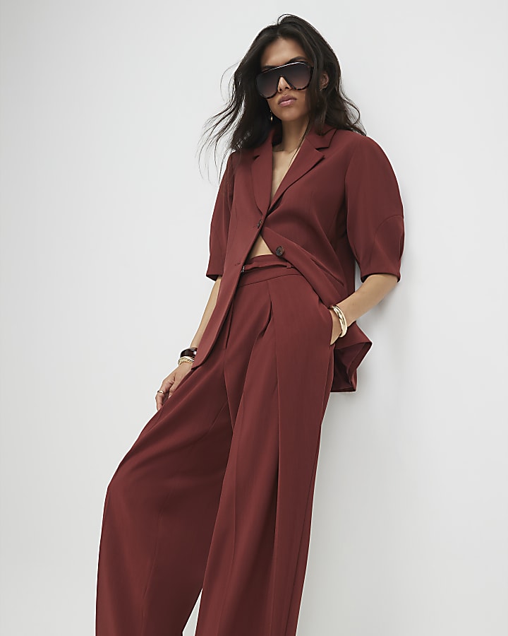 Red Belted Barrel Leg Trousers