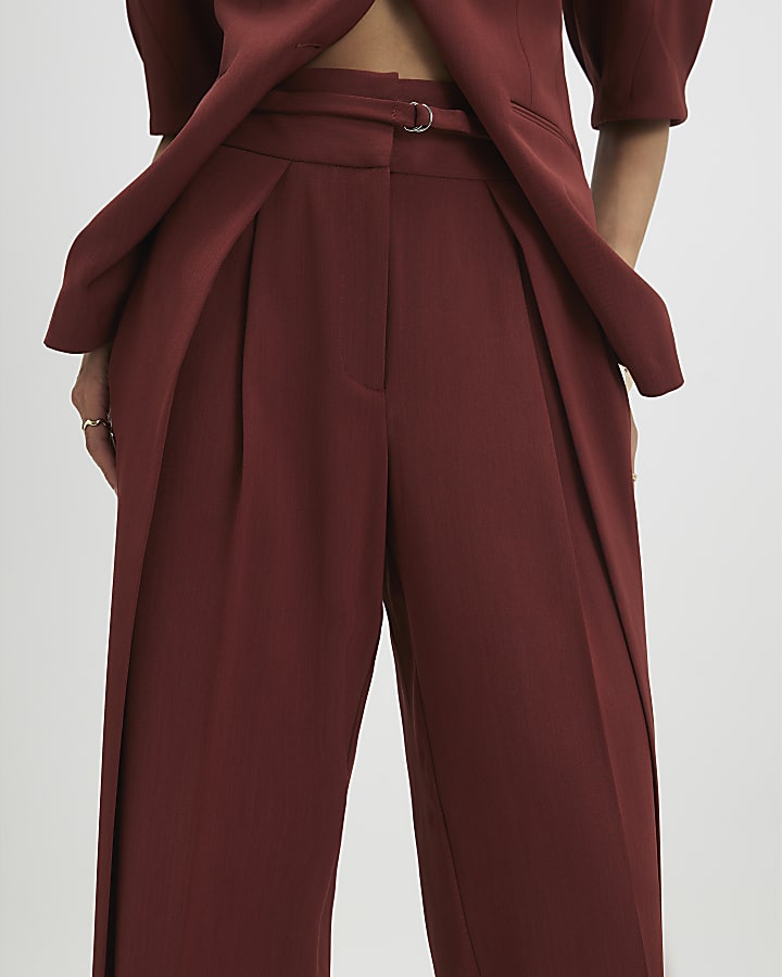 Red Belted Barrel Leg Trousers