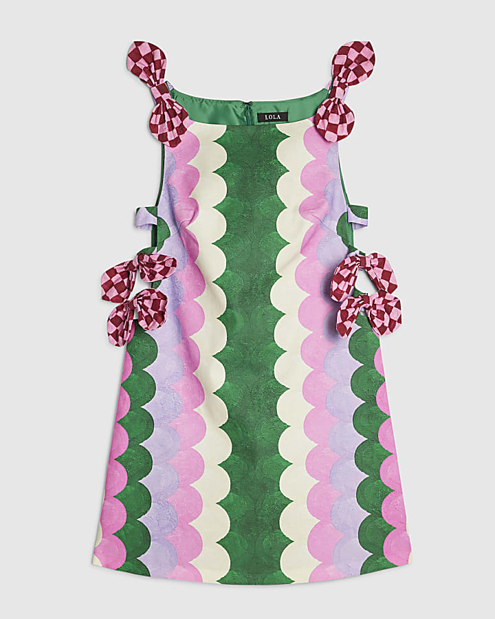 Green Wave Print Bow Side Detail Mini Dress