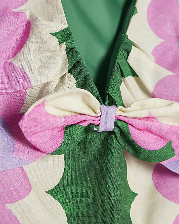 Green Printed Tie Detail Peplum Top