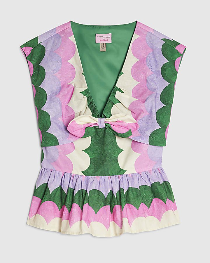 Green Printed Tie Detail Peplum Top