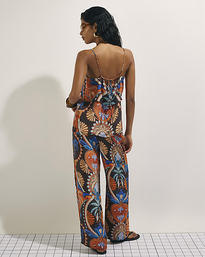 Brown Palm Print Wide Leg Trousers