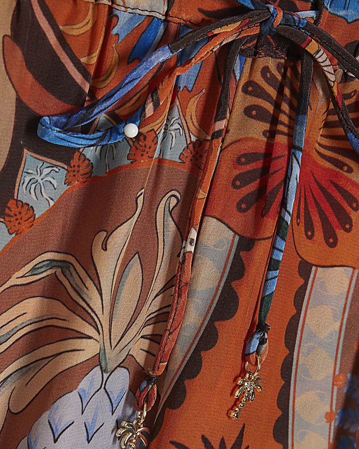 Brown Palm Print Wide Leg Trousers