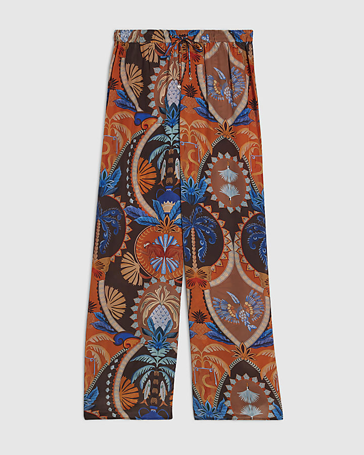 Brown Palm Print Wide Leg Trousers