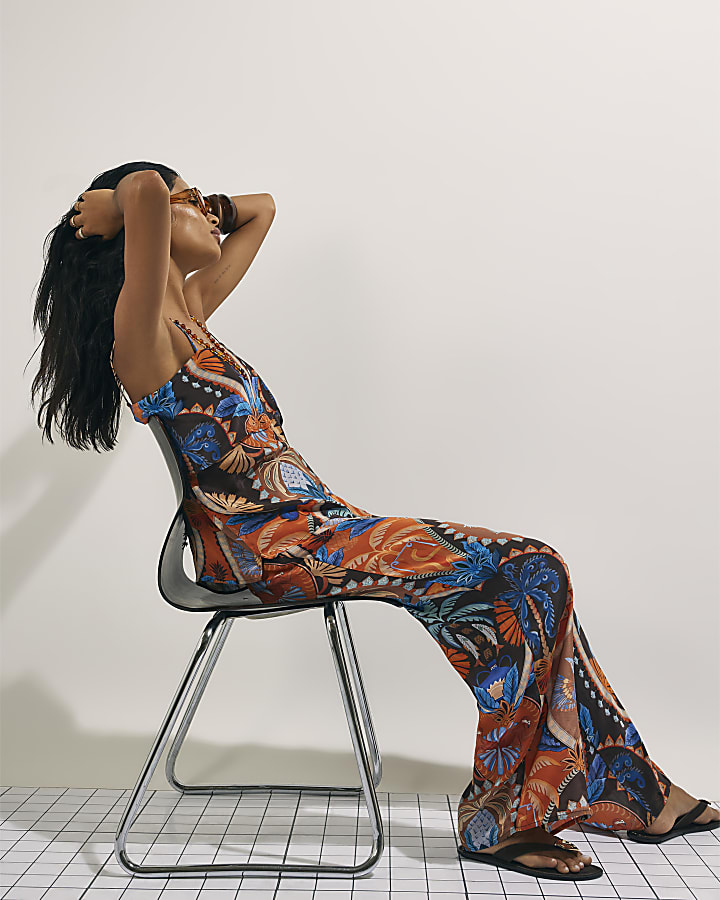 Brown Palm Print Wide Leg Trousers