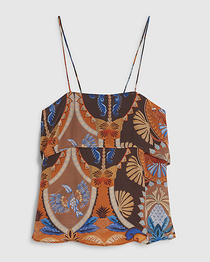 Brown Palm Print Tiered Cami Top
