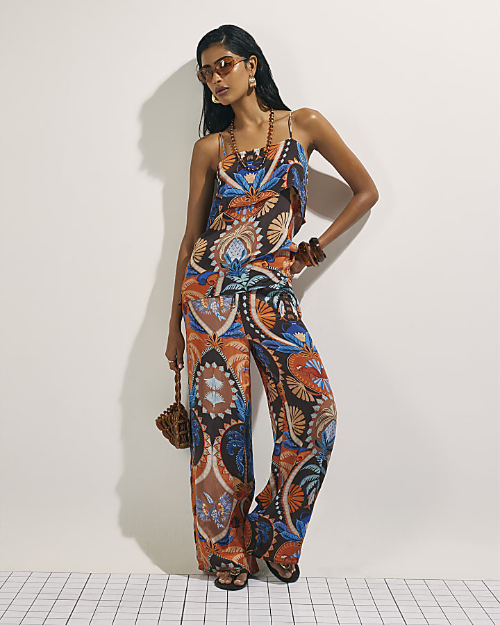 Brown Palm Print Tiered Cami Top