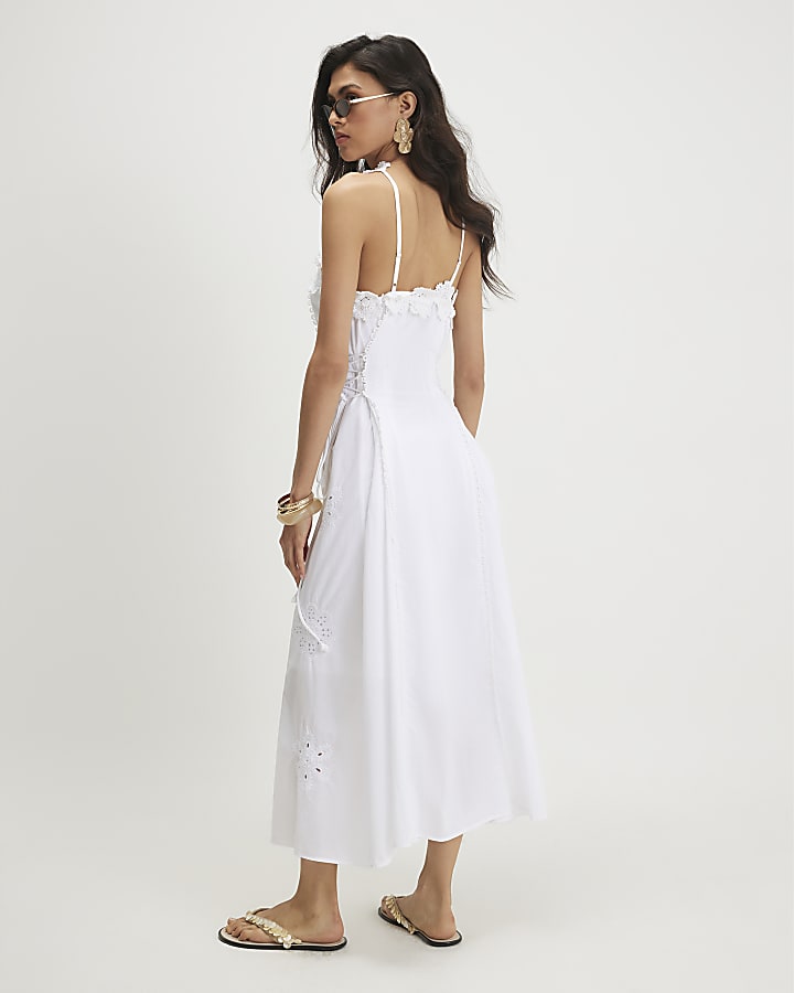 White Cotton Crochet Motif Midi Dress