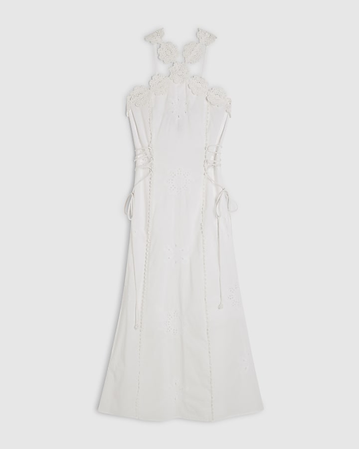 White Cotton Crochet Motif Midi Dress