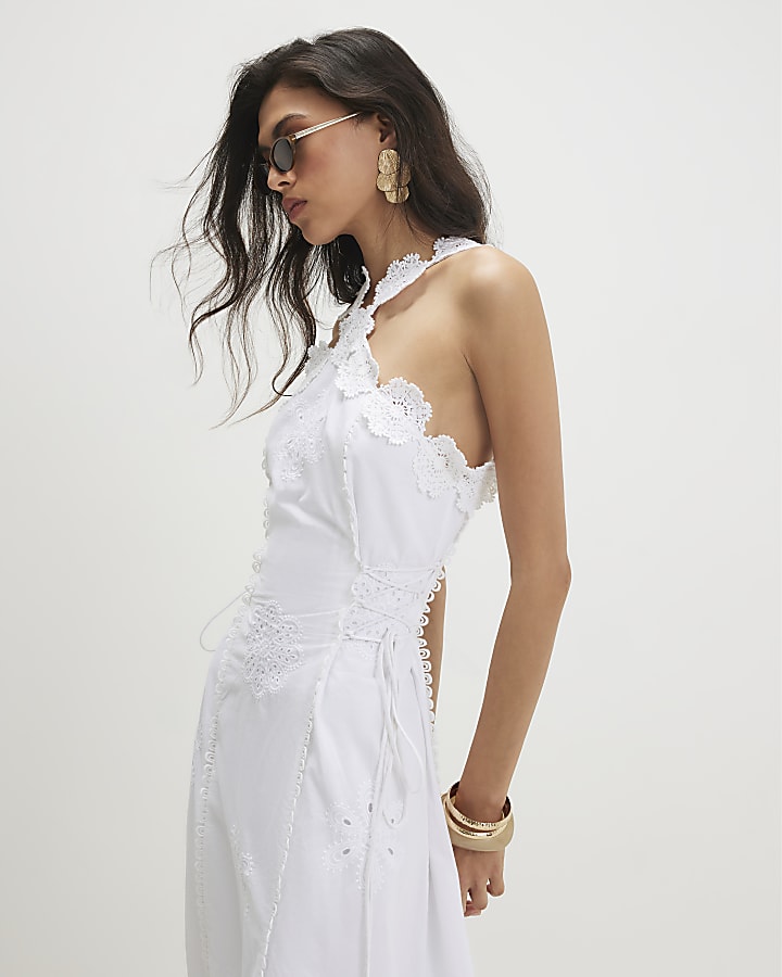 White Cotton Crochet Motif Midi Dress