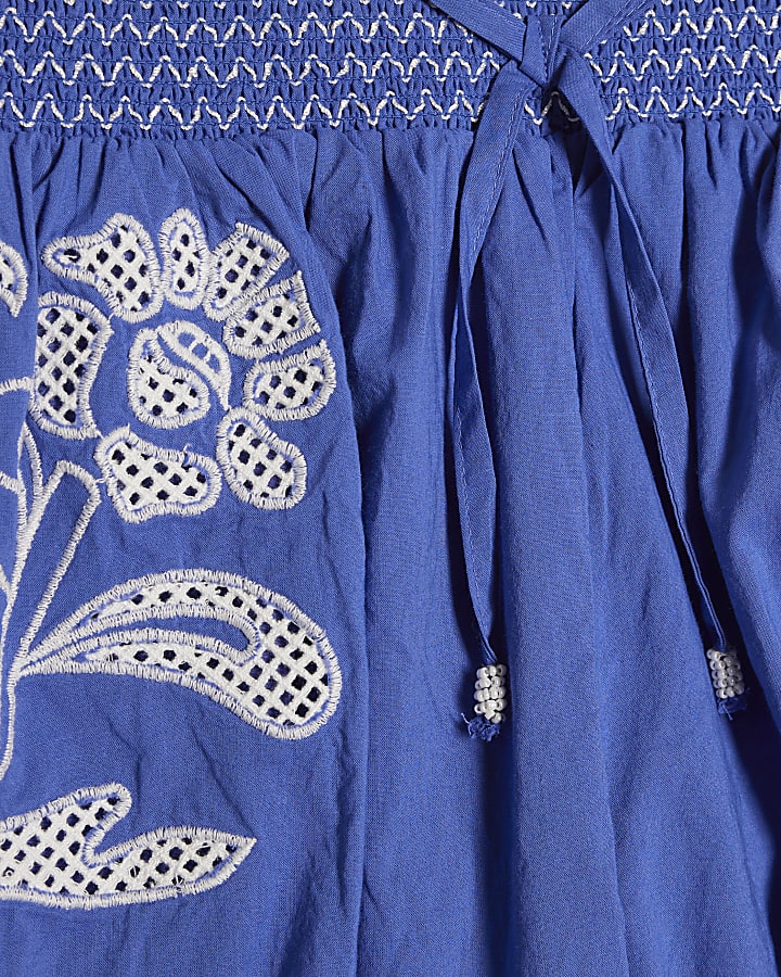 Blue Broderie Bubble Hem Shorts