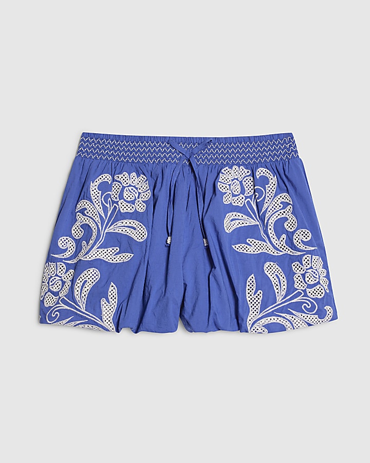 Blue Broderie Bubble Hem Shorts