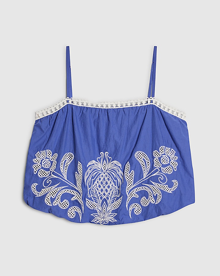 Blue Broderie Bubble Hem Top