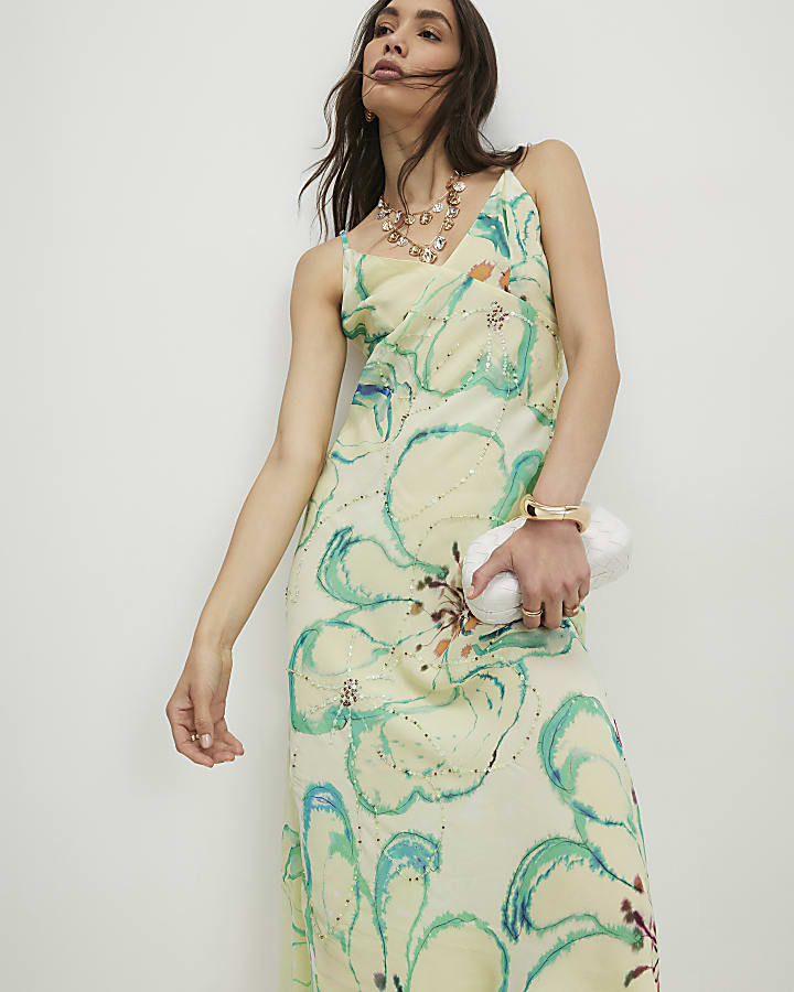 Green Floral Print Embellished Slip Dress