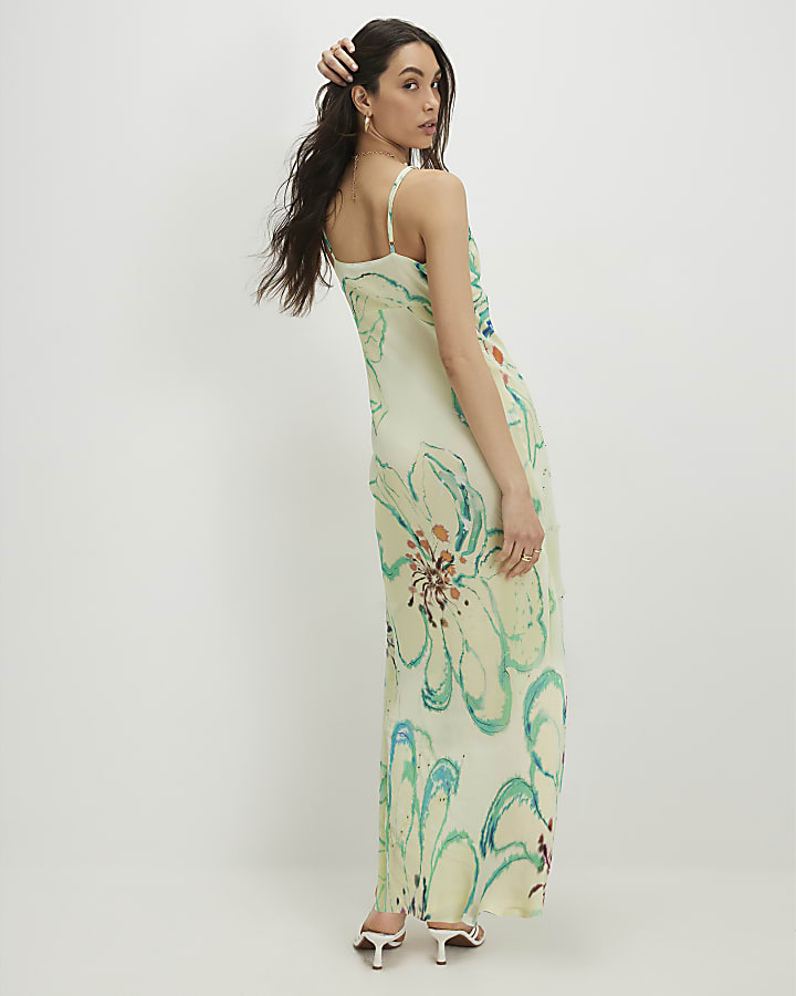 Green Floral Print Embellished Slip Dress