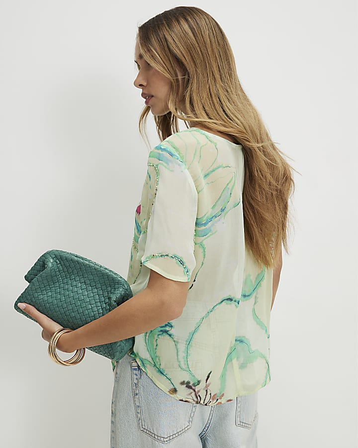 Green Short Sleeve Blurred Floral Print Top
