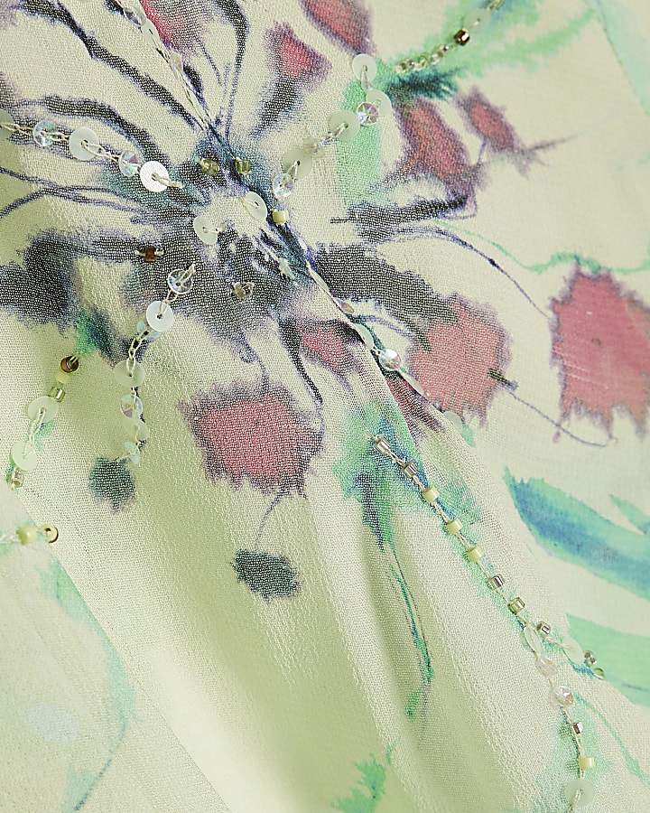 Green Short Sleeve Blurred Floral Print Top