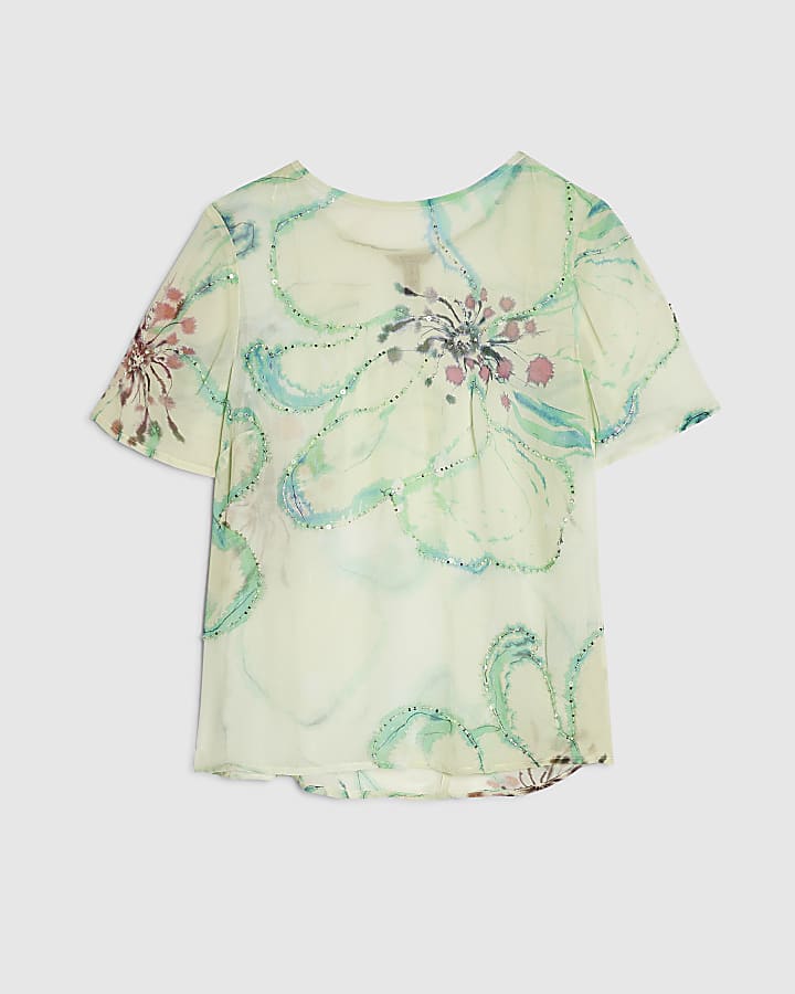 Green Short Sleeve Blurred Floral Print Top