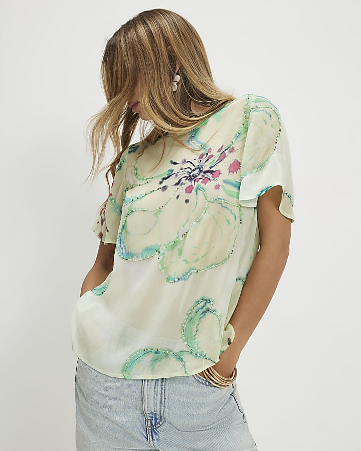 Green Short Sleeve Blurred Floral Print Top