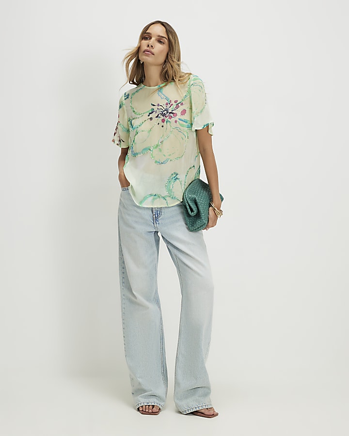 Green Short Sleeve Blurred Floral Print Top