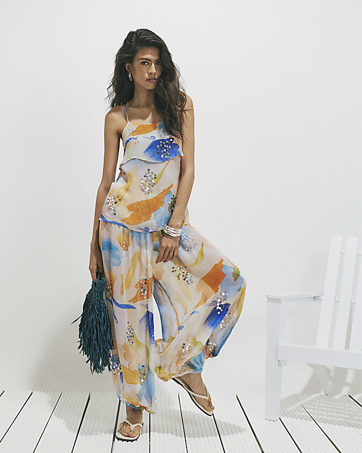 Cream Blur Print Balloon Trousers