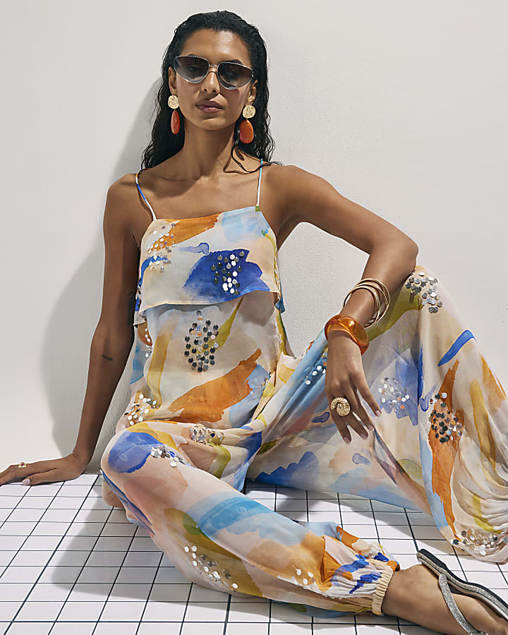 Cream Blur Print Tiered Cami Top