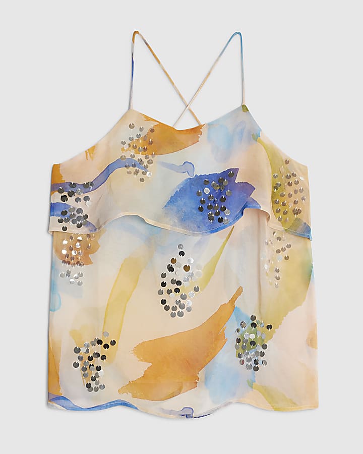 Cream Blur Print Tiered Cami Top