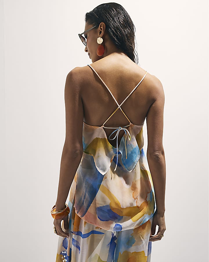 Cream Blur Print Tiered Cami Top